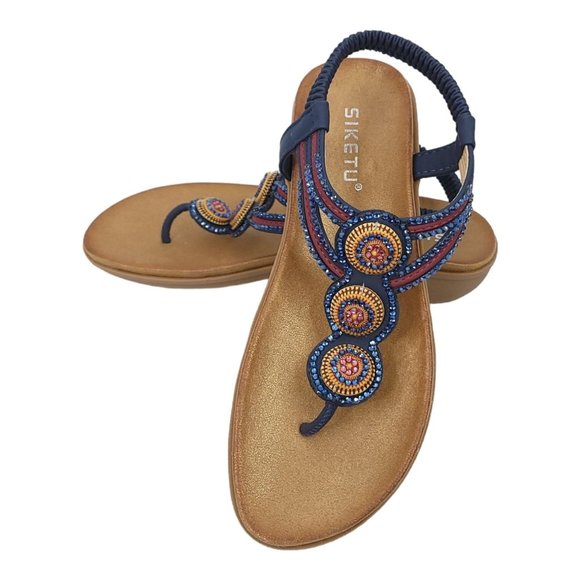 Siketu Boho Slingback Thong Sandals Womens US 8 EU 39 Blue Rhinestones Crystals - Picture 1 of 11